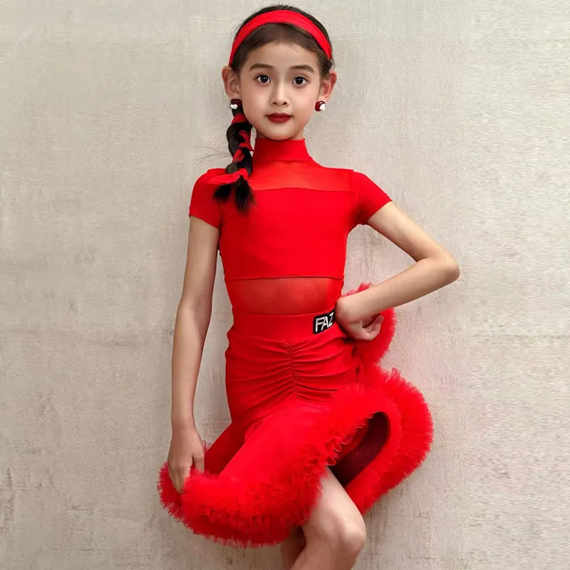 

Детская одежда для латинских танцев Chacha, красное платье для соревнований по латинским танцам, костюмы для выступлений в бальных танцах с короткими рукавами для девочек, SL15436