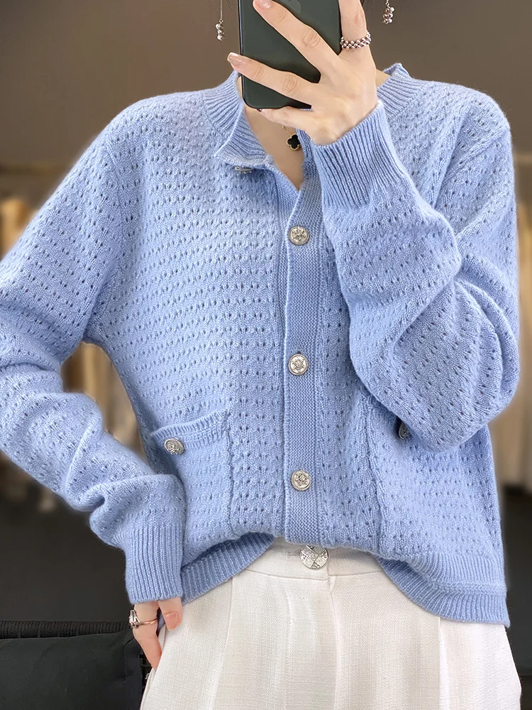 CHICUU Women O-neck Cashmere Cardigan Autumn Winter Hollow Preppy Style Sweater 100% Merino Wool Knitwear Office Lady Clothing