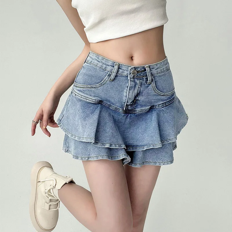 

Женская плиссированная джинсовая юбка, повседневная мини-джинсовая юбка трапециевидной формы с рюшами Y2K