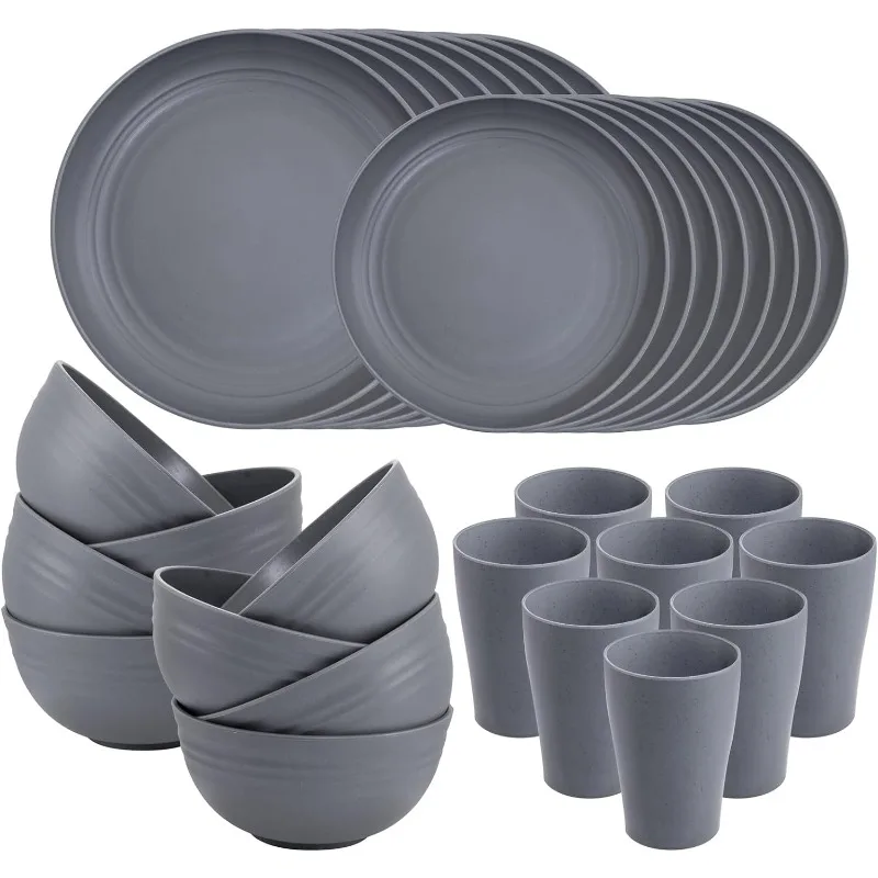 32pcs Wheat Straw Dinnerware Sets,Unbreakable Dinnerware Sets for 8,Reusable Tableware,Straw Tableware,Dark Grey Set 16