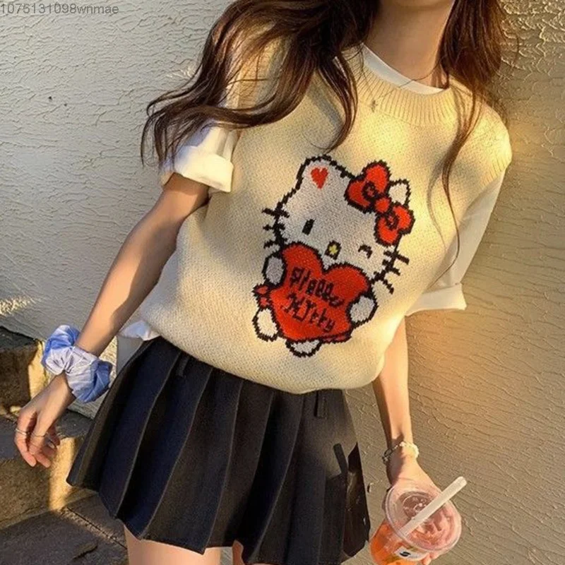 Sanrio Hello Kitty Knitted Vests Women\'s Korean Style Cute Cartoon Tops for Women Sweet Casual Knitwear Pullovers Clothes