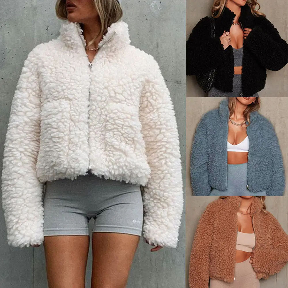 Women Teddy Fleece Sweater Sexy Luxury Faux Fur Cropped Jacket Turtleneck Zipper Cardigan Plus Size 3XL Winter Streetwear