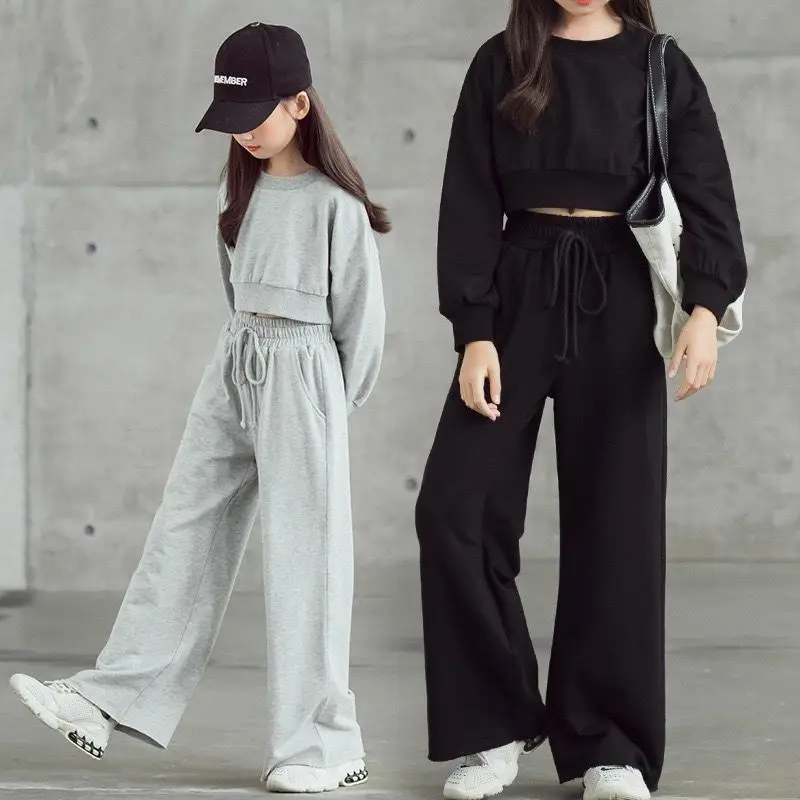 

2026 New SPring Winter Kids Tracksuit Children Girls Clothes Casual Crop Top T-Shirt + Wide Leg Pant Suit Teenager 4 -13 Years