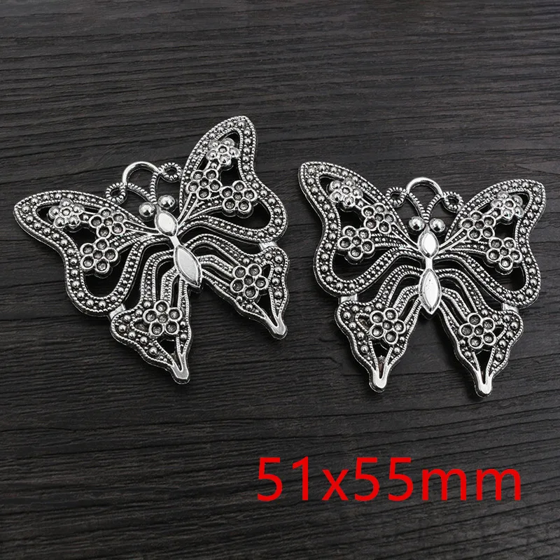 2pcs 51x55mm Antique Silver Plated Butterfly Handmade Charms Pendant DIY Jewelry Findings Supplies for Necklace Bracelet