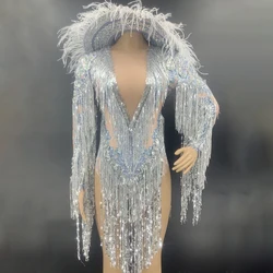 Shining Sequin Fringe Bodysuit Women Singer Clothes Long Sleeve Rave Feather Hat Prom Nightclub Dj Gogos Dance Stage Costume