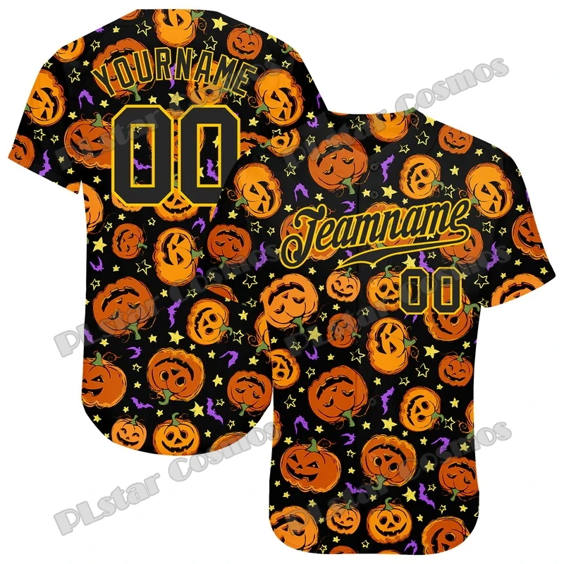 

Custom Name Halloween Pumpkins Bats Stars Pattern 3D Printed Fashion Men's Baseball Jersey Casual Hip Hop Baseball Shirt BQW10