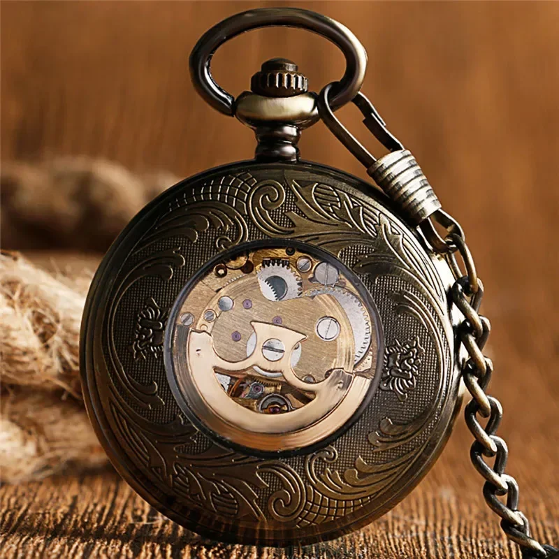 Antique Retro Skeleton Automatic Mechanical Pocket Watch for Men Women Arabic Numbers FOB Chain Luminous Hands Reloj De Bolso