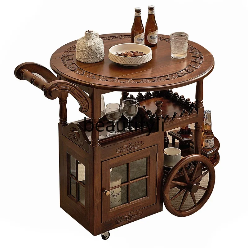 Medieval dining car hand push all solid wood double-layer storage mobile coffee table