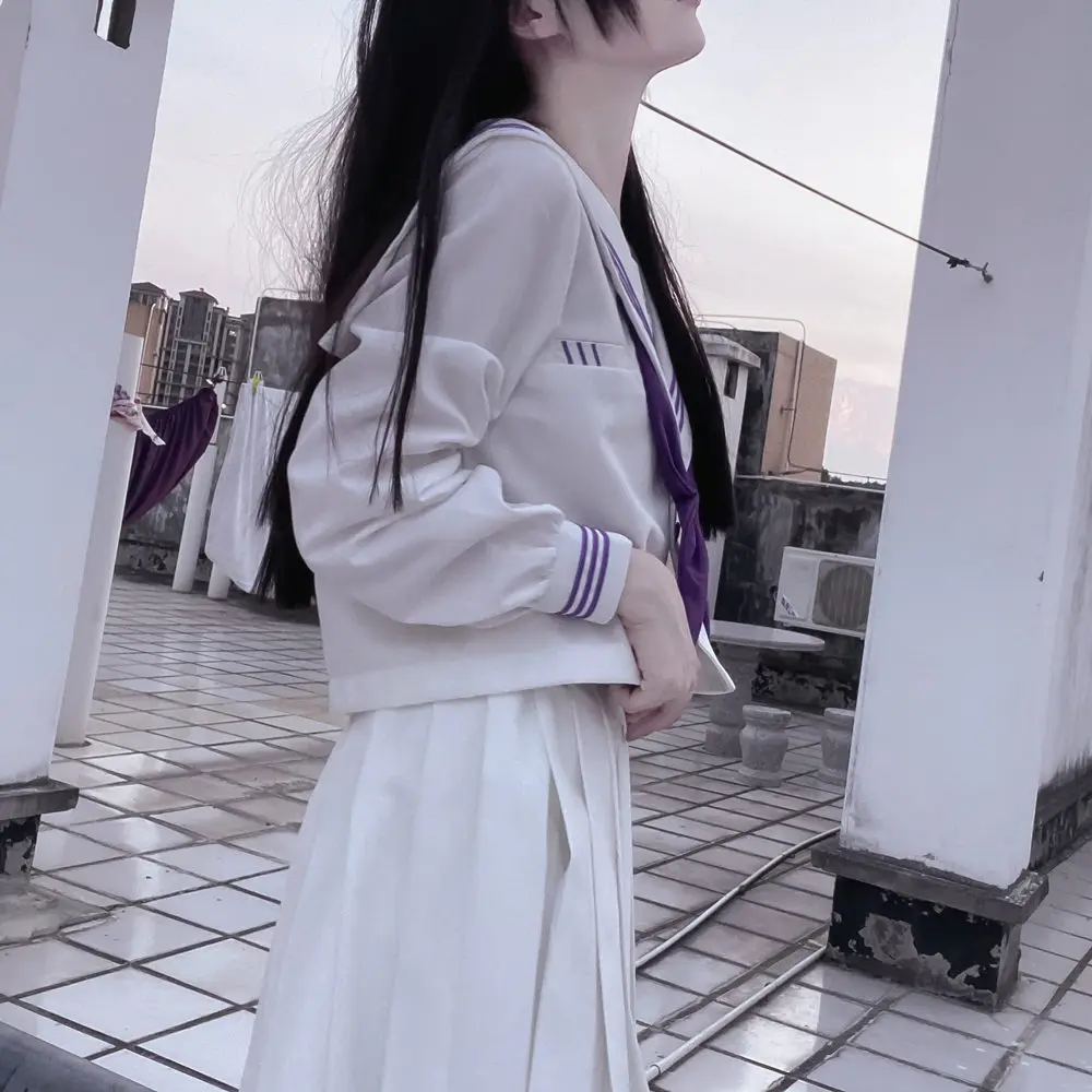 Uniforme per ragazze delle scuole superiori Abito da marinaio giapponese Seifuku Cravatta viola Studente coreano Kawaii JK Uniforme Cosplay Gonna in pelle bianca