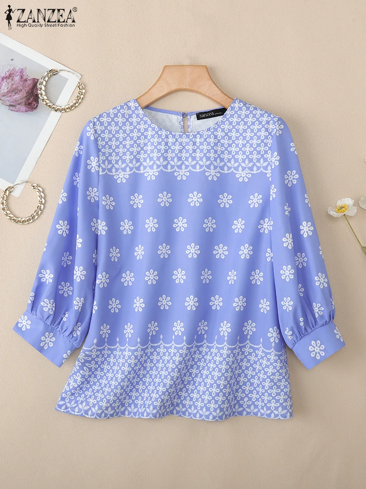 

ZANZEA 2022, осенняя блузка с цветочным принтом, женские топы, повседневная рабочая рубашка с круглым вырезом и рукавами 3/4, туника Mujer Femme, свободная сорочка большого размера