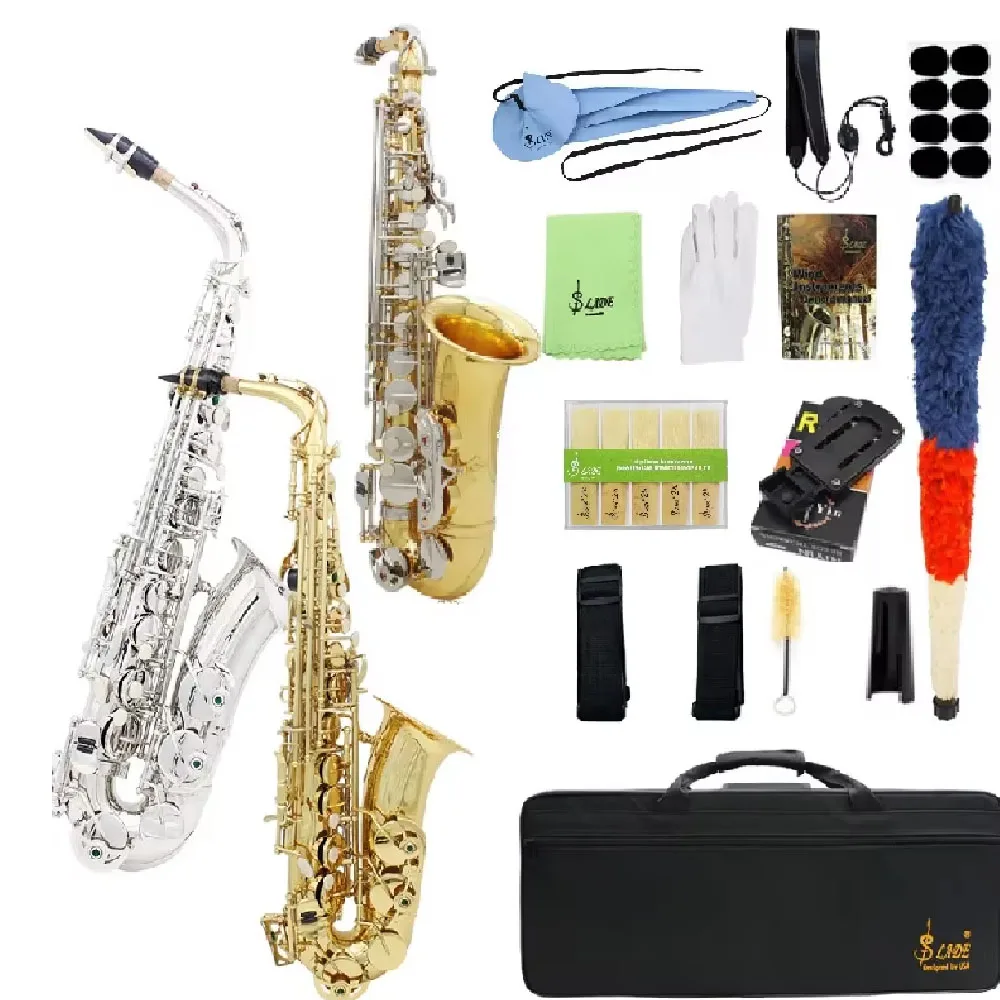 SLADE Eb Alto Saxophone Gold Silver E Flat Tonality Saxophone Brass Body Carved White Shell Button Sax with Case Strap Gloves