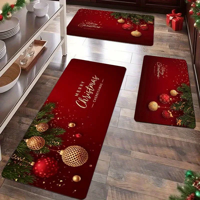 VIKAMA Set Christmas Kitchen Mats Non Slip Washable Golden Bauble Pine Branch Runners for Xmas Holiday Indoor Home Decor