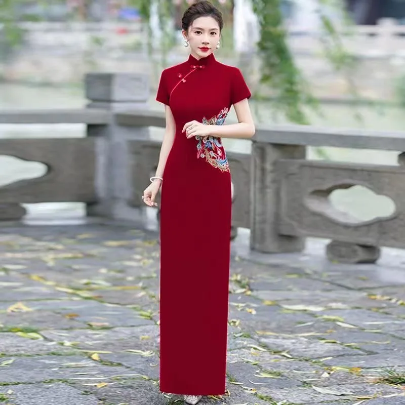 Aodai Flower Print Cheongsam para Mulheres, Festa Banquete, Vestido De Noite, Oriental, Chinês