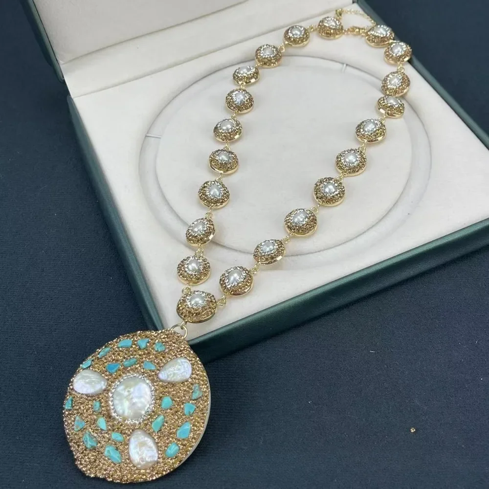 New Natural Pearl Paired with Turquoise Women's Jewelry Set, Personalized Luxury and Exaggerated Clothing, Exquisite Accessories