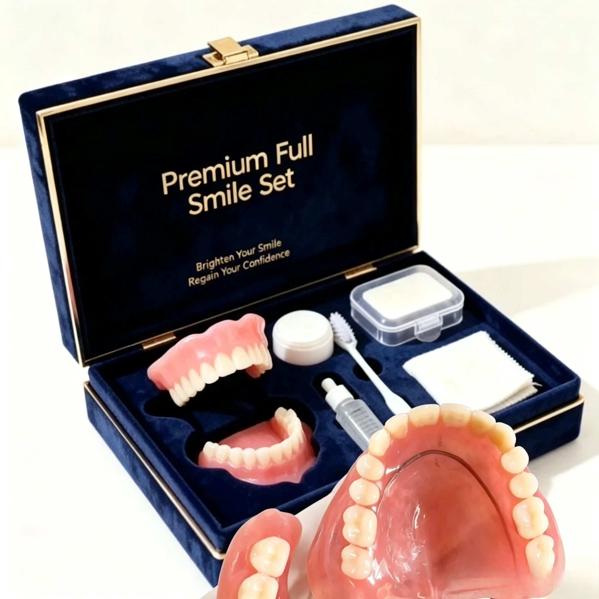 All-in-One Comfort Silicone Full Mouth False Teeth Kit, Upper & Lower Smile Set with Gift Box & Cleaning Tools for Daily JJ3846