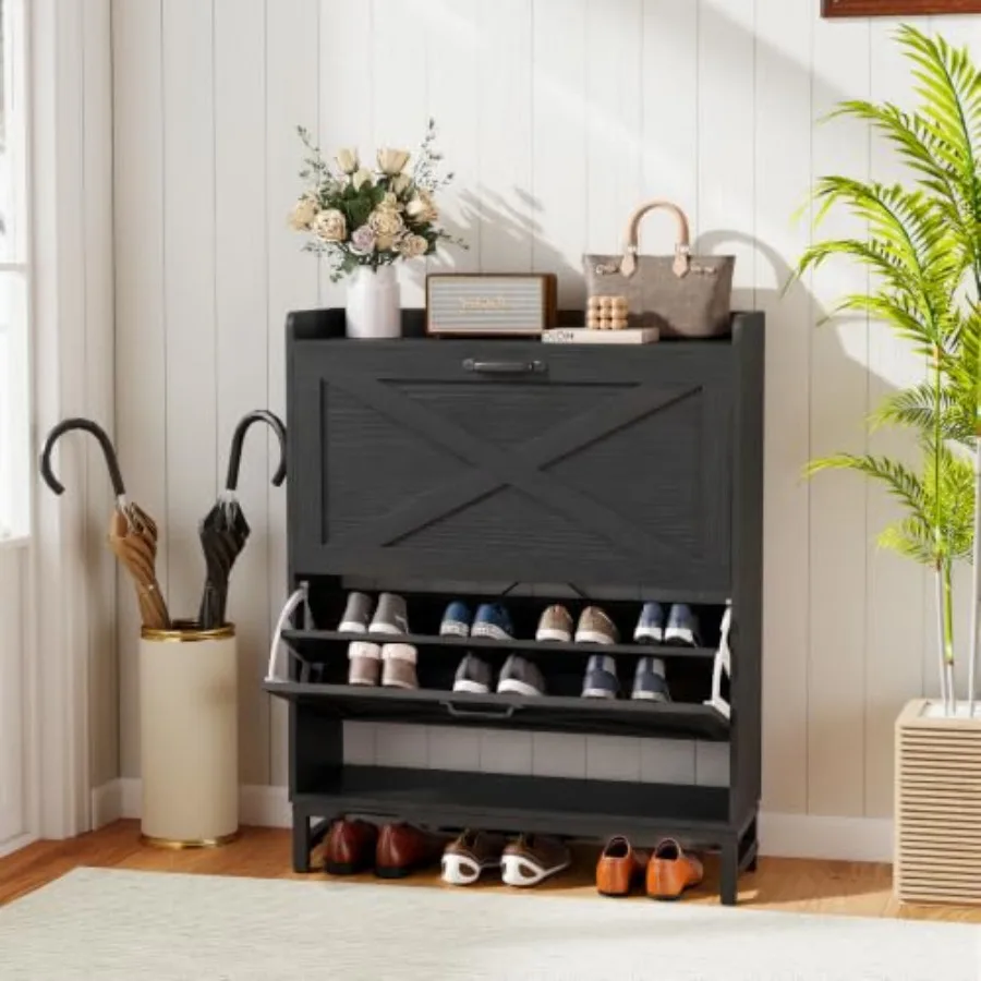 Rustic Farmhouse Shoe Cabinet with 2 Flip Drawers