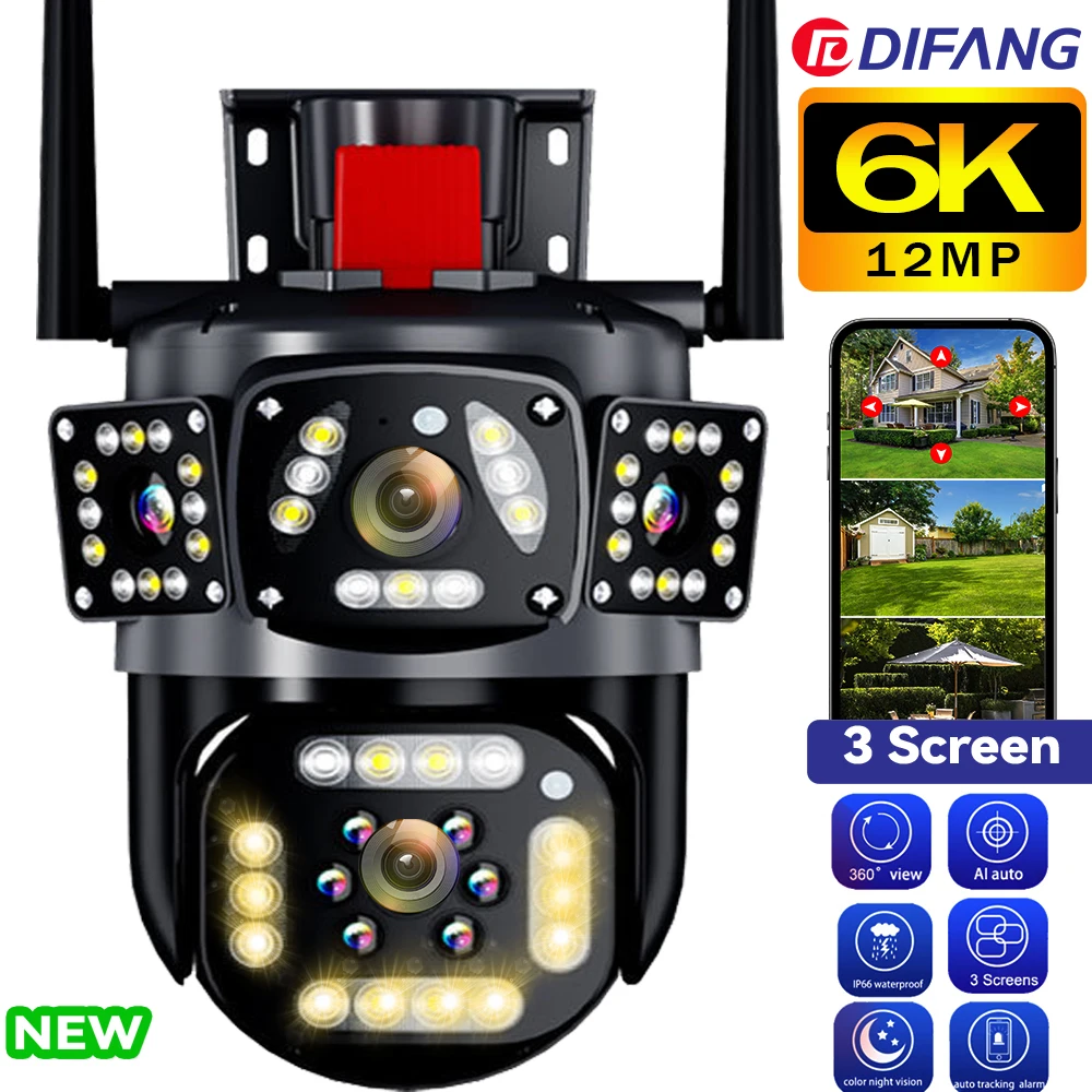 

6K 12MP WiFi Surveillance Outdoor 3 Screen 360° View Security Camera iP Camera Outdoor New PTZ Video Camera CCTV