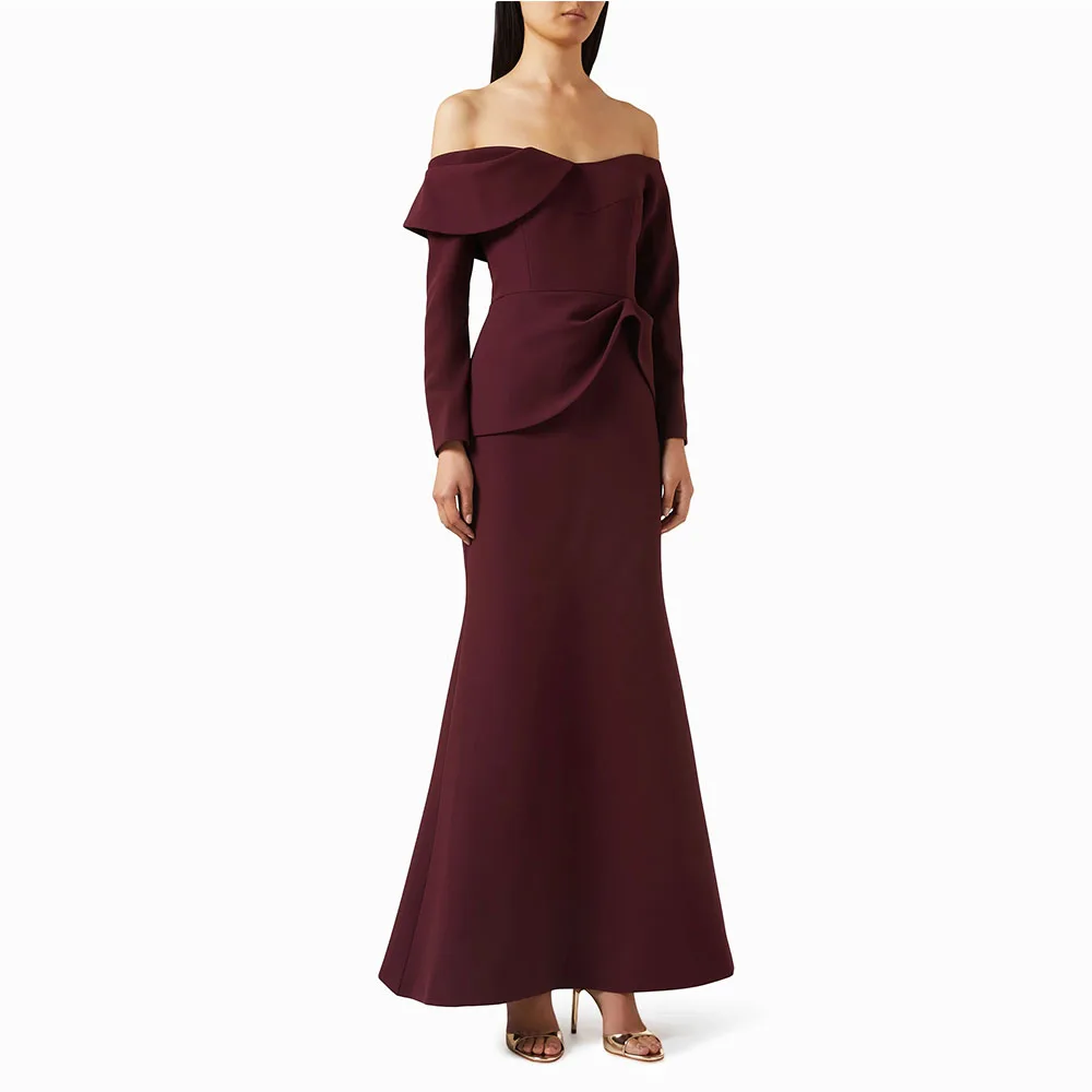 

Dark Burgundy Evening Dress For Women Off The Shoulder Formal Party Dress Floor Length Prom Dress Long Sleeves Saudi Dress
