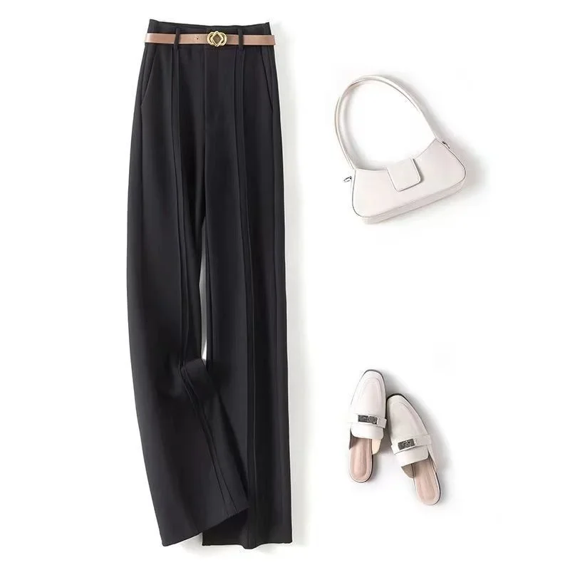 새로운 우아한 여름 넓은 다리 바지 패션 높은 허리 핀 스트라이프 드레이핑 맞는 솔리드 컬러 사무실 레이디 바지 캐주얼 의류