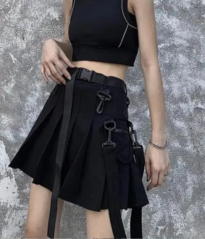 JK Skirt Japanese Style Black Cargo Pleated Skirt Harajuku Short Skater Women Techwear Gothic Pockets Uniform Skirts p1314