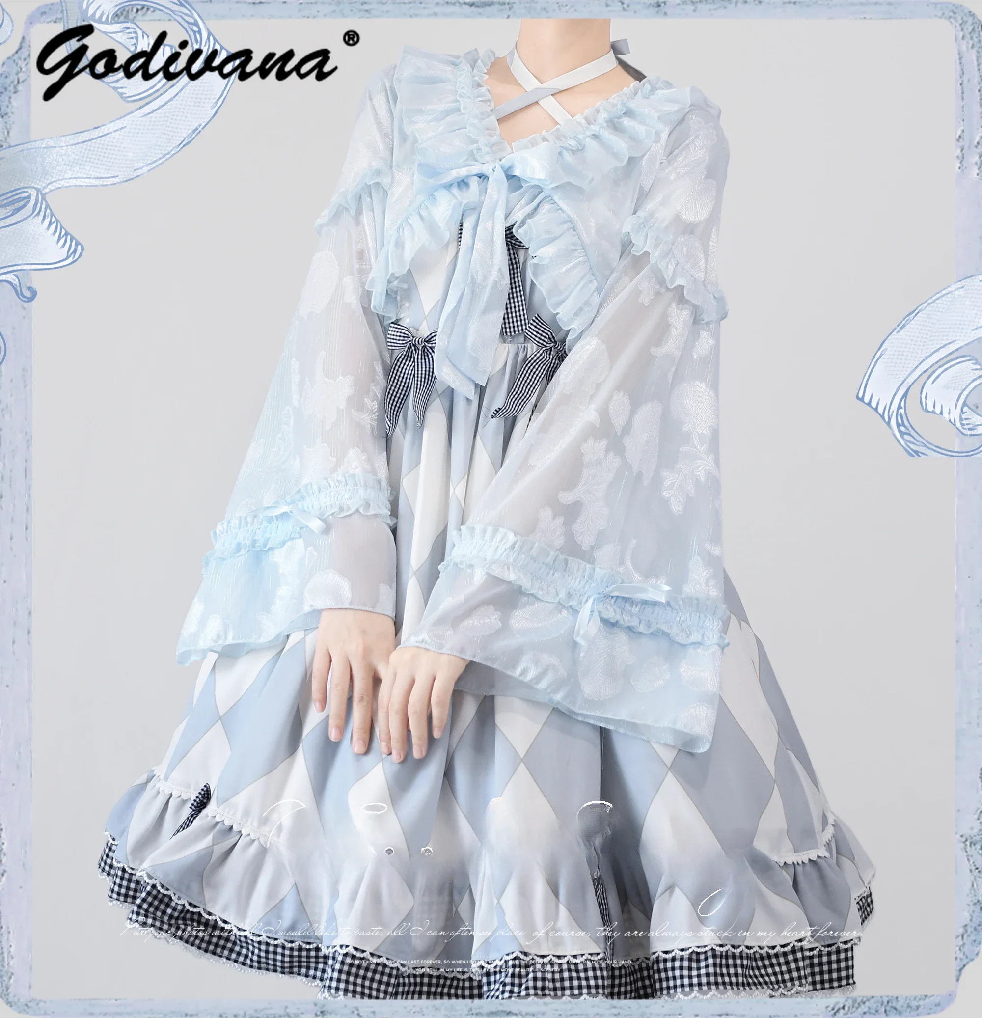 Spring and Autumn Girls Lolita Cute Chiffon Lantern Sleeve Short Cardigan Top Sweet Bow Women's Sunscreen Cardigan Coat Blouses