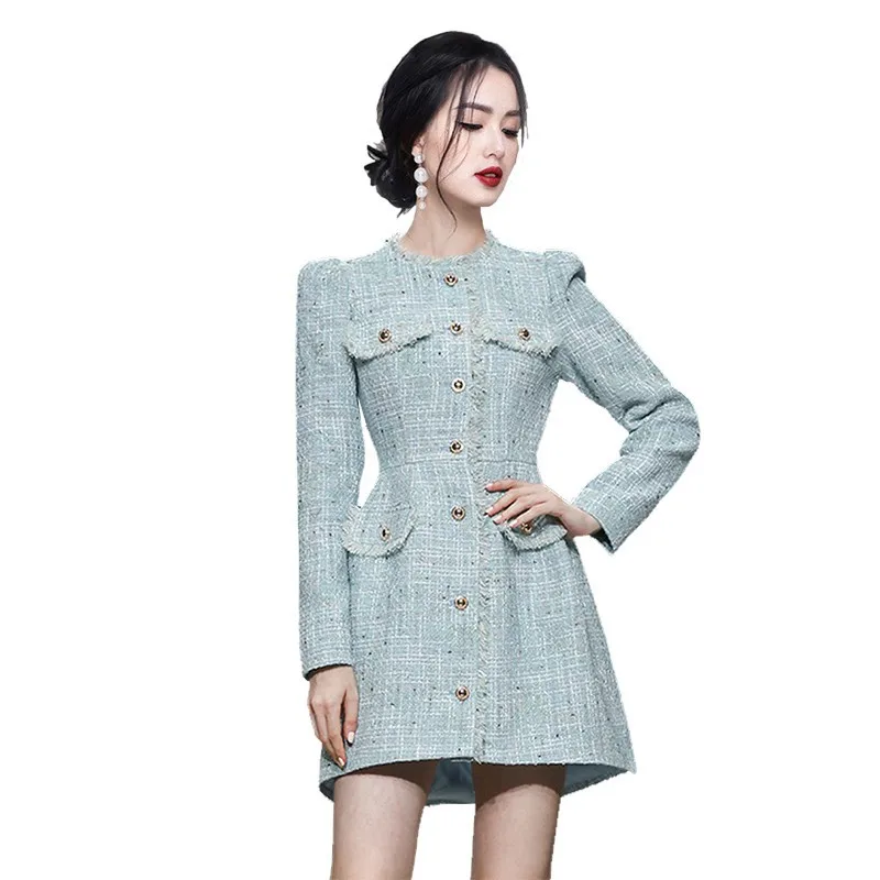 

Blue women's long sleeved tweed dress 2024 new autumn/winter small fragrant style waist cinching temperament tassel dress