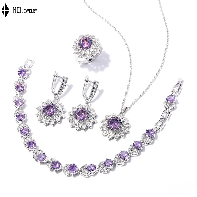 

Multiple Colors Round Copper Inlaid Cubic Zirconia Plated Platinum Necklace Earrings Rings Bracelets Jewelry Set