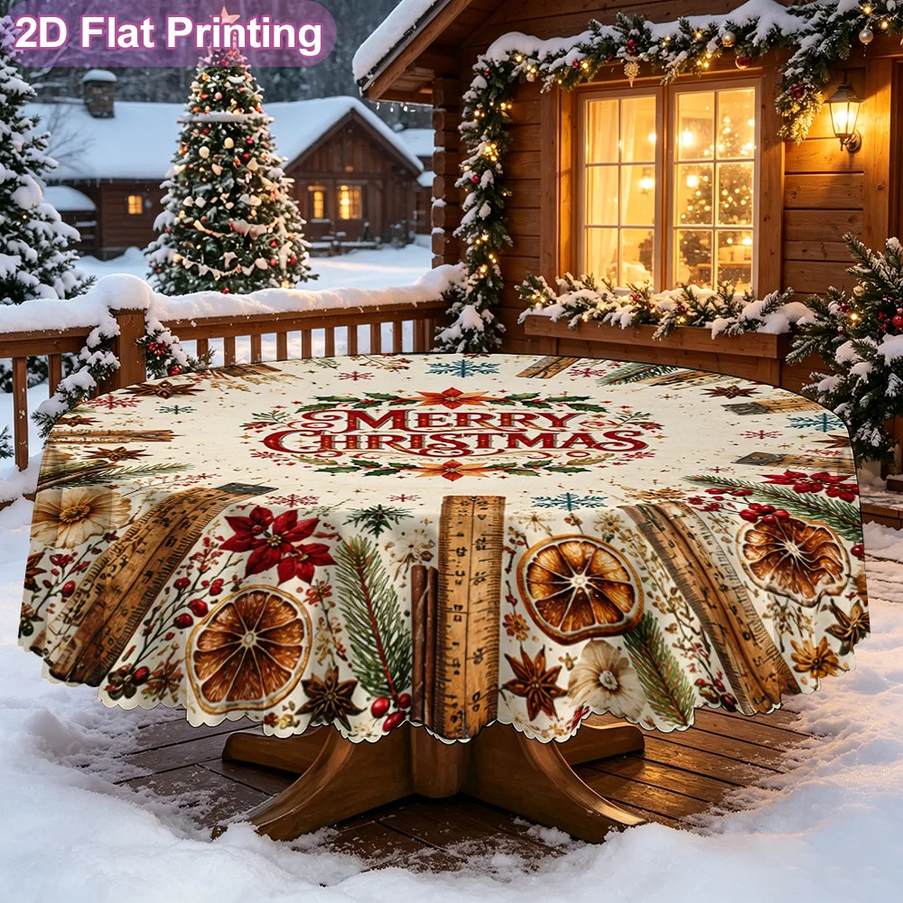 2D flat single piece festive round tablecloth with Merry Christmas wreath decoration design