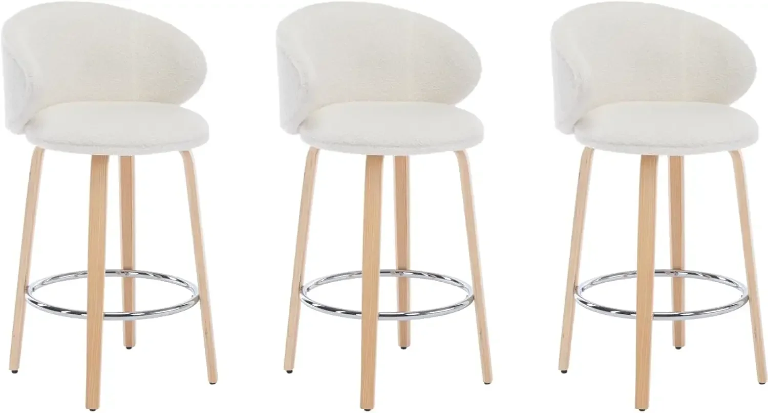 Modern Bar Stools Set of 3, 26 Inch Counter Height Sherpa Barstools with Wooden Legs,Bar Chairs with Barrel Backrest for Kitchen