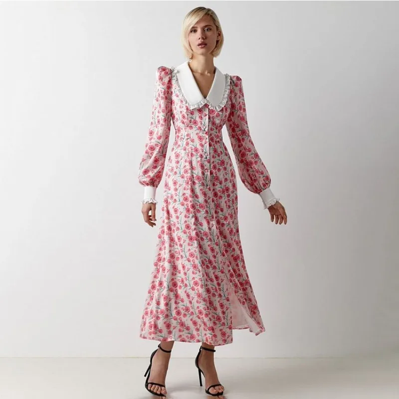 Robe Corset élégante à imprimé Floral pour femmes, Y2K, manches longues lanterne, col de poupée, simple boutonnage, style Boho, Vintage, Robe de célébrité