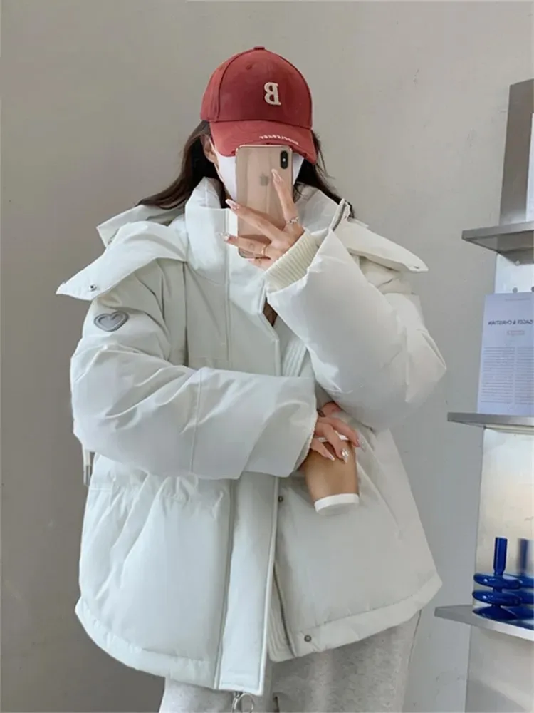 

Белые пуховые парки для женщин, зима 202, модные утепленные куртки-пуховики, повседневные зимние куртки на молнии с длинными рукавами и капюшоном, пальто