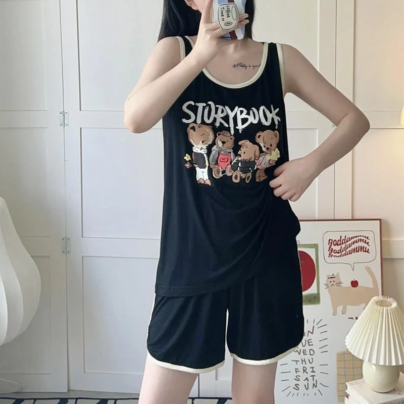 

plus Size Women's Summer Casual Bear Sleeveless Vest Shorts Pajamas Set Loose Comfortable Home Wear Outerwear Suitable for pl...
