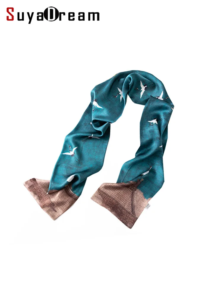

Шелковый шарф SuyaDream с принтом для женщин, 100% шелк тутового шелкопряда, 145 см x 15 см, двухслойный, длинный, весна 2026