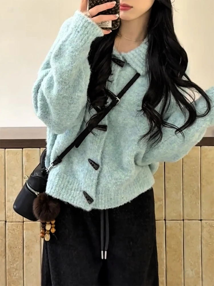 

Korean Sle Knitted Open Cardigan with Horn Buttons Ele Agel Versatile Women's Top Large Size Autumn Winter New Arrival