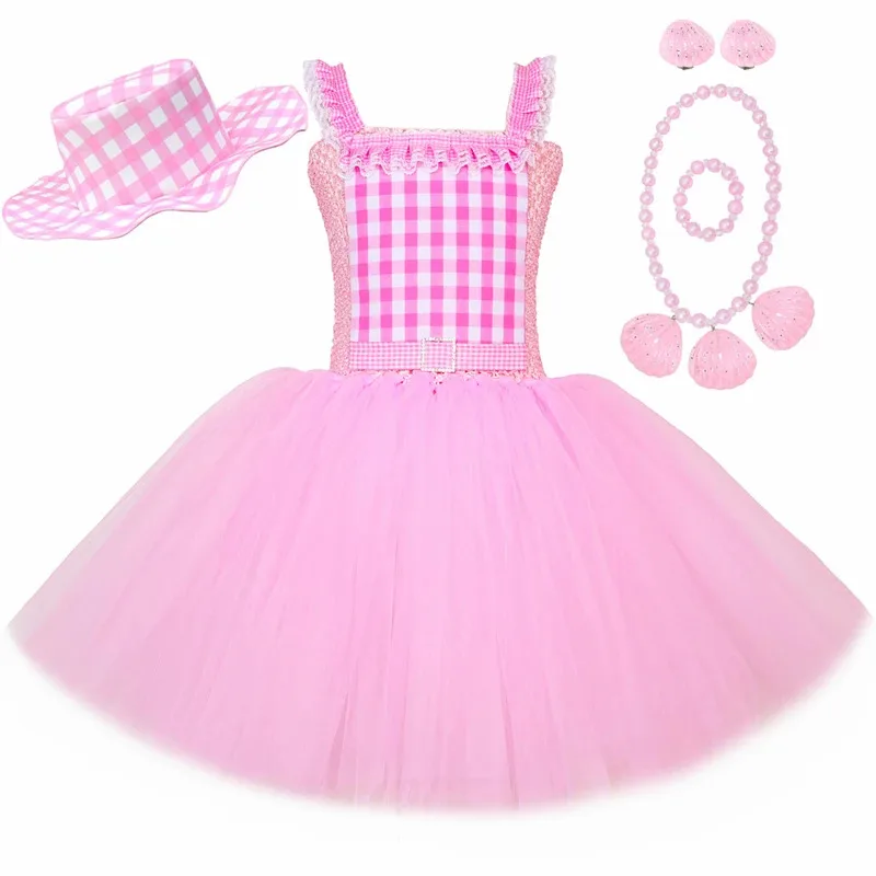Sky01 여자 영화 바비 공주 투투 드레스 복장 어린이를위한 핑크 격자 무늬 바비 의상 할로윈 생일 파티 Tulle DressesWd01 @