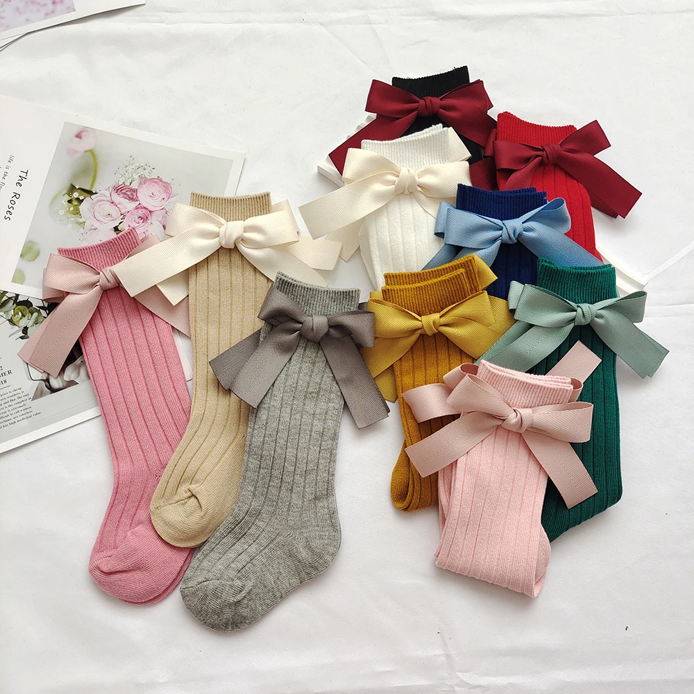 

10 Colors New Children's Socks Big Bows Princess Girls Knee High Sock Toddler Infant Baby Long Socken Cotton Kids Stockings