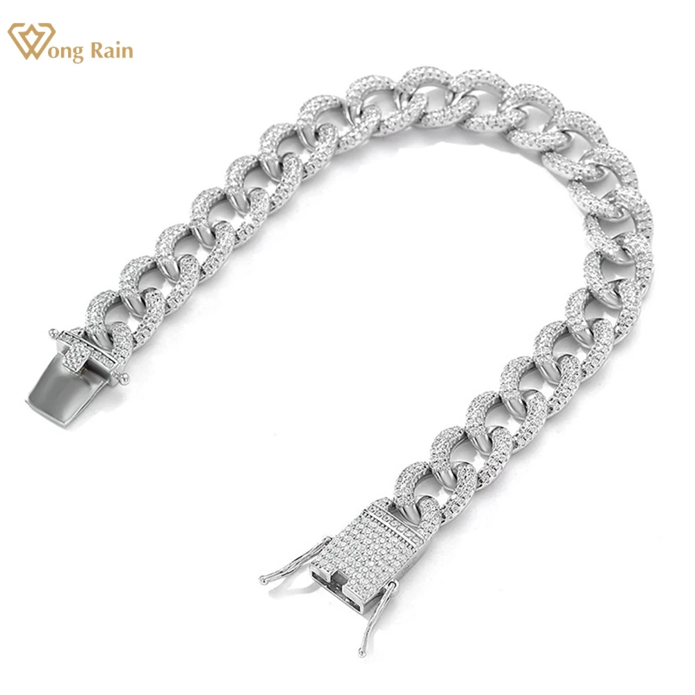 

Wong Rain Hip Hop Rock 100% 925 Sterling Silver Lab Sapphire Cuban Chain Gemstone 10MM Bracelets Bangle Jewelry for Women Men