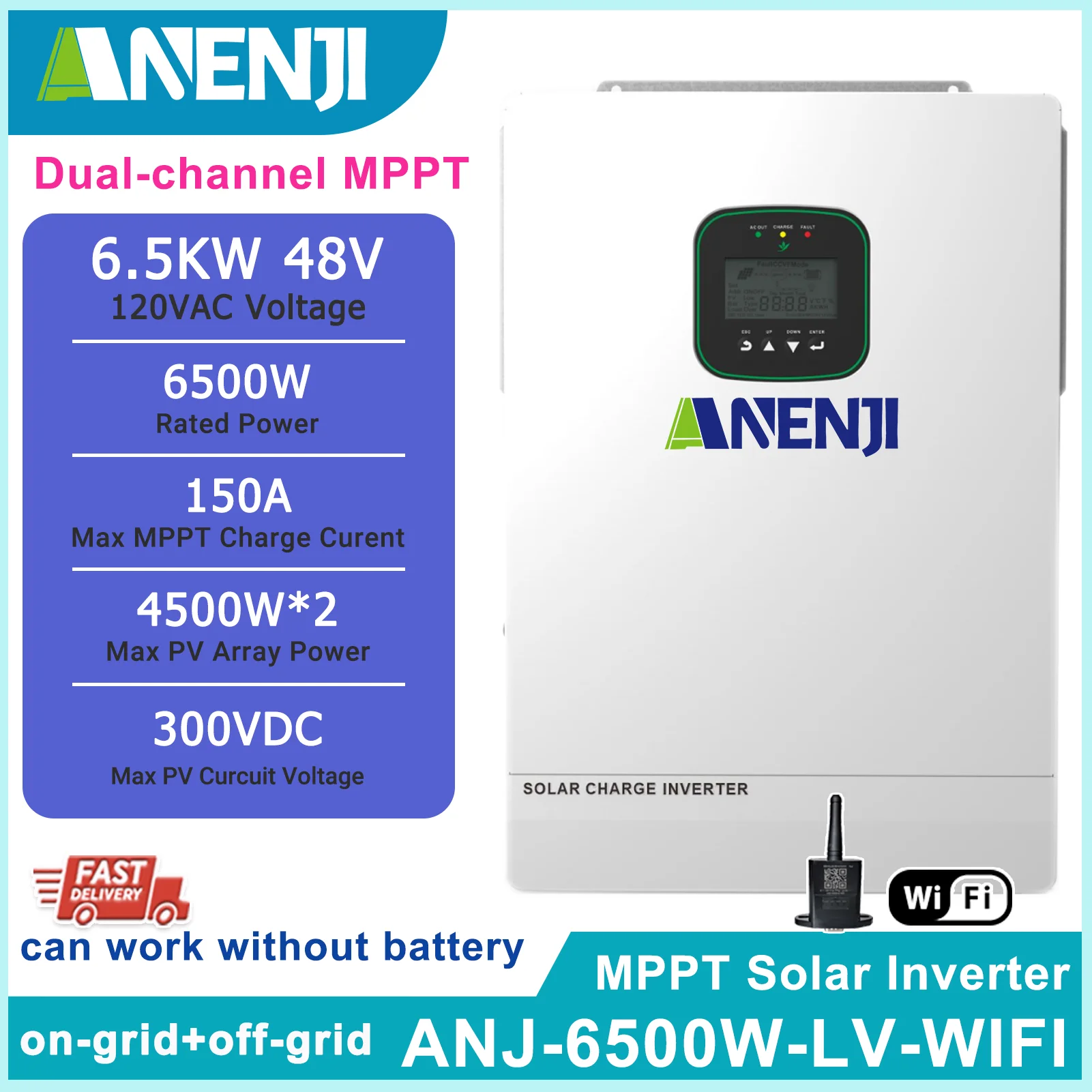 6.5KW 3.6KW 48V Hybrid Solar Inverter On/Off-Grid MPPT 40A 120A  Pure Sine Wave 120V Max PV input powe 4000W/4500Wx2 with WiFi