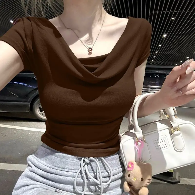 Summer Thread Solid Color Beach Fashion Versatile Women's Short Sleeved T-shirt Casual Lightweight Breathable Sexy Women's Top image 4