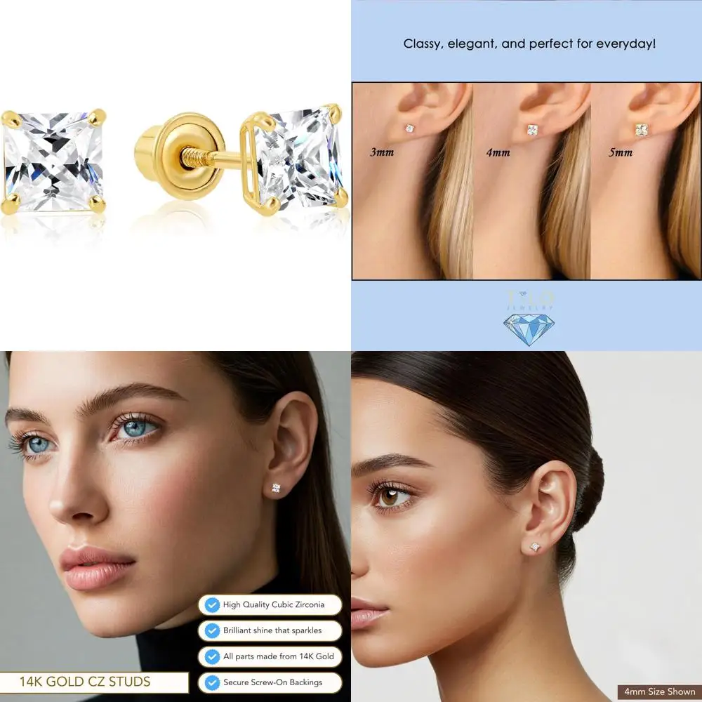 

Princess Cut CZ Solitaire Earrings in 14k Yellow Gold with Secure Screw Backs for Long-lasting Wear
