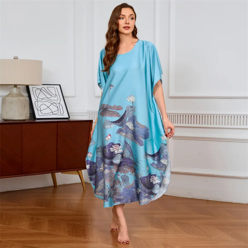 

Новое летнее женское повседневное платье для сна с принтом, шелковистая атласная ночная рубашка больших размеров, женское домашнее платье с коротким рукавом