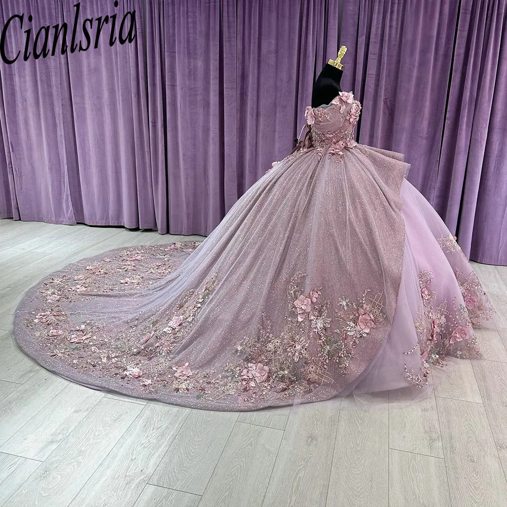 Vestido De quinceañera De encaje con apliques De lentejuelas y flores 3D lilas, vestido De baile sin hombros, corsé con volantes, 15 Años