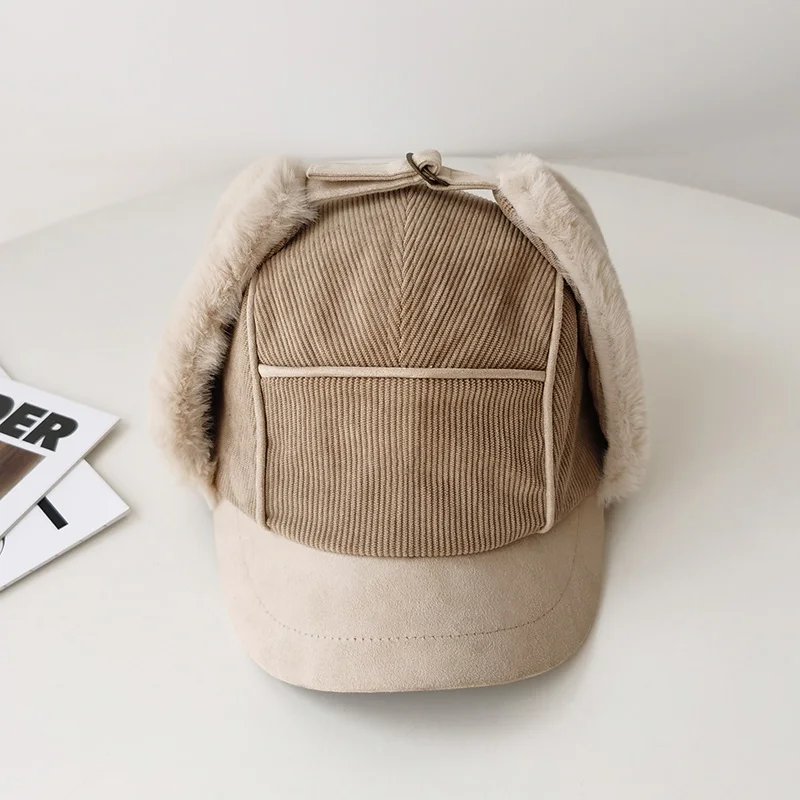 

American Camouflage Letter Embroidery Plush Ear Protector Baseball Cap for Men and Women Winter Trend Warm Adjustable Bomber Hat