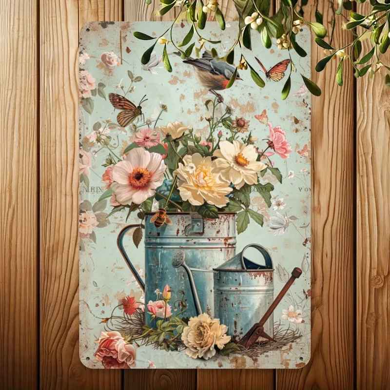 Country Flower Watering Can Iron Metal Tin Brand 8x12 Inch Vintage Kute Iron Wall Art do dekoracji domowego biura