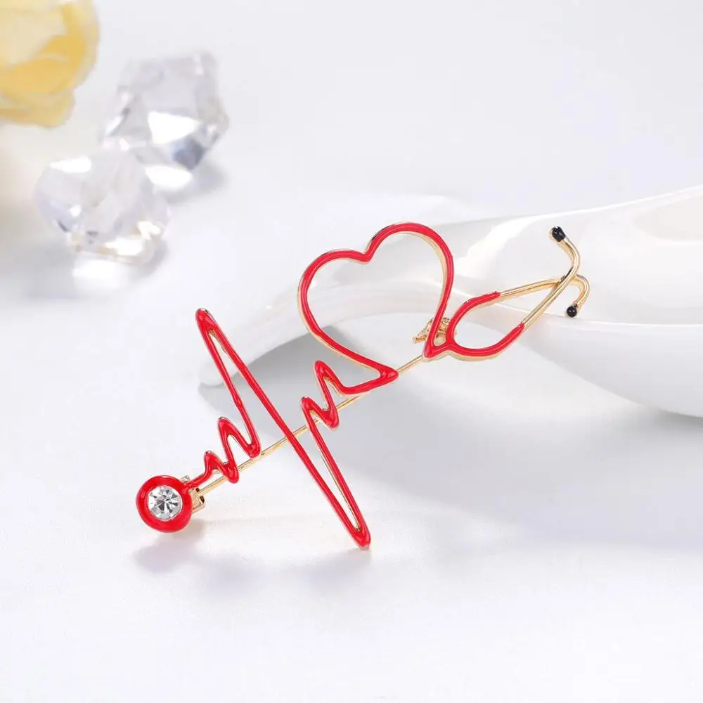 Creative Backpack Lapel Red Electrocardiogram Stethoscope Heart Rate Brooches Fashion Accessories Brooch Pins Jewelry