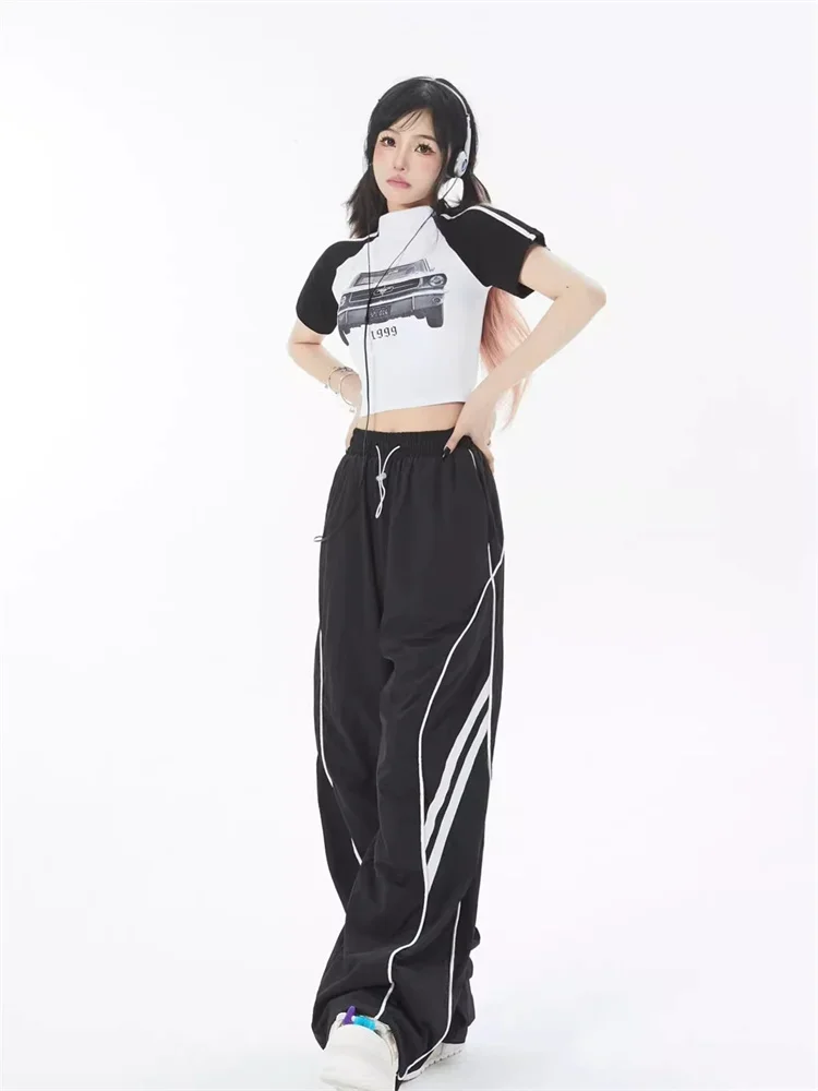 QWEEK Harajuku Egirl Gray Track Pants Women Y2K Vintage Striped Sweatpants Oversized Streetwear Hippie Wide Leg Black Joggers