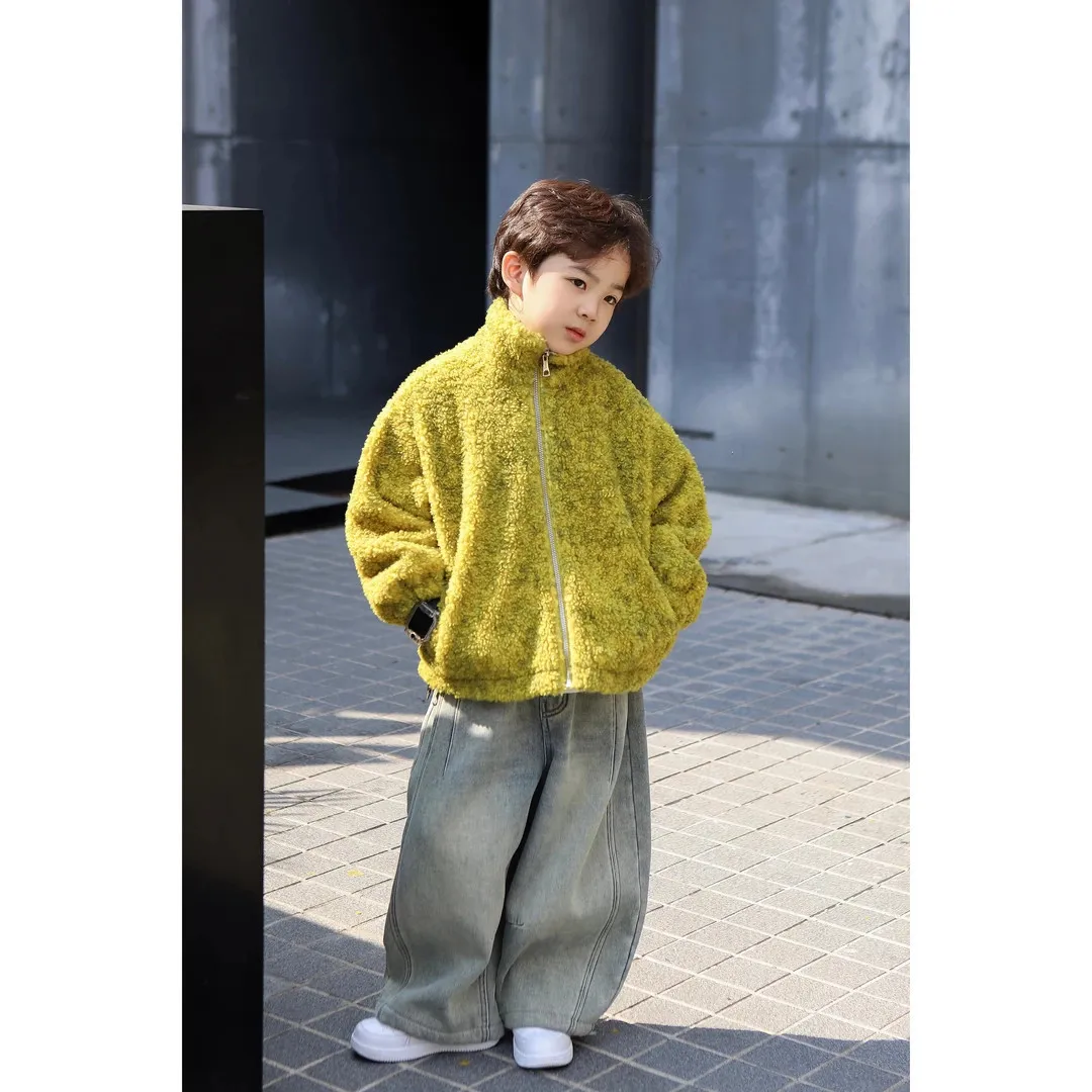 New Boys' Set Autumn/Winter Children's Plush Thick Solid Color Zipper Jacket+Jeans Two Piece Set