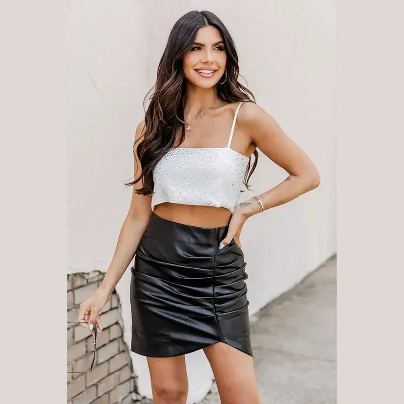 Matte Faux Leather Pleated Women Skirts Splicing Mini PU Skirts Ladies High Waist Stretch Back Zip Mini Skirts Support Custom