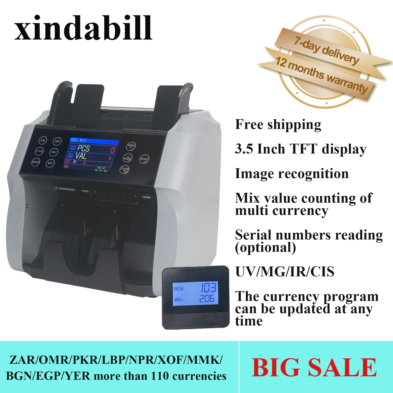 Commercial Use 2CIS Money Counting Machine Mix Value Note Bill Cash Counter Counterfeit Detector for ZAR/OMR/PKR/LBP/NPR