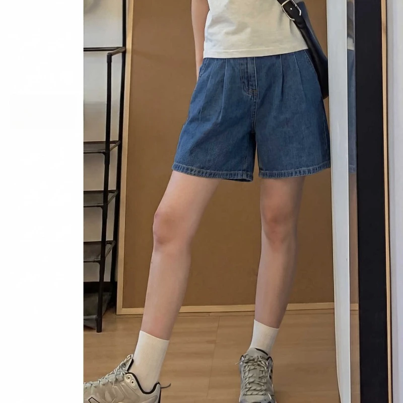 

Women High Waist Lyocell Denim Shorts Japanese Washed Wide Leg Folded Bottoms Pockets Vintage Thin Breathable Cool Ladies Shorts